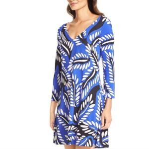 NWOT Diane von Furstenberg DVF Blue Leaf Print V-Neck 100% Silk Kaden Dress Sz 8
